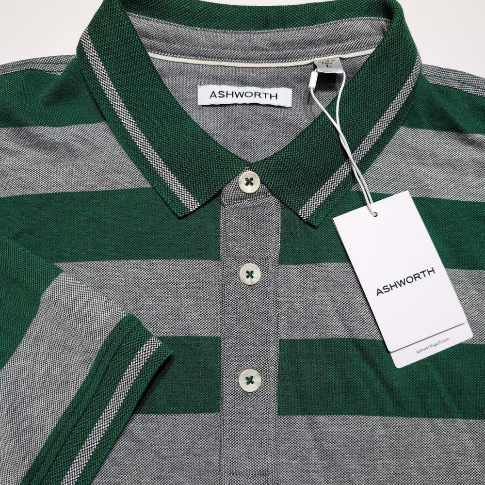 ASHWORTH Polo Shirt Mens Large Green Gray New Striped Short Sleeve Golf Tee